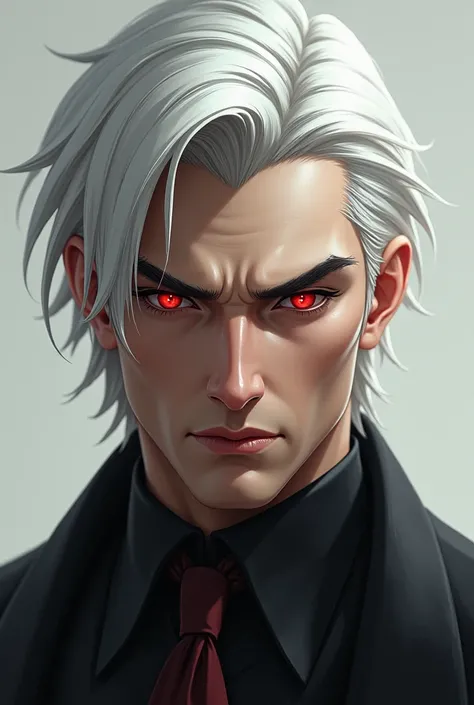 A  image of a male handsome white hair character with red eyes