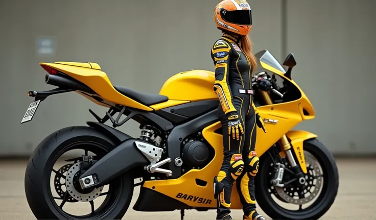 beautiful ginger, 35 year old, American woman, beautiful eyes, motorcycle racing outfit, Daredevils, realistic, 8k, koda photo, photo realistic, slim body, fit, large breast, standing beside yellow yamaha superbike