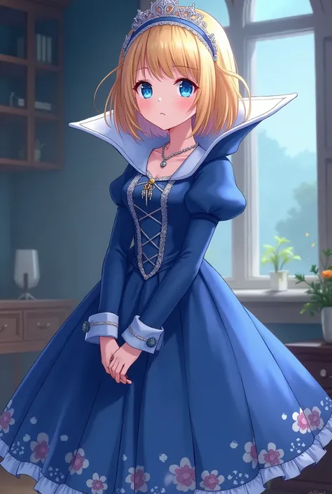 Vampire Cute Blonde Anime Princess Maria Robtink with blue eyes wearing a blue headband and wearing a Blue Dress with a Massive Popped Collar taller than her head.