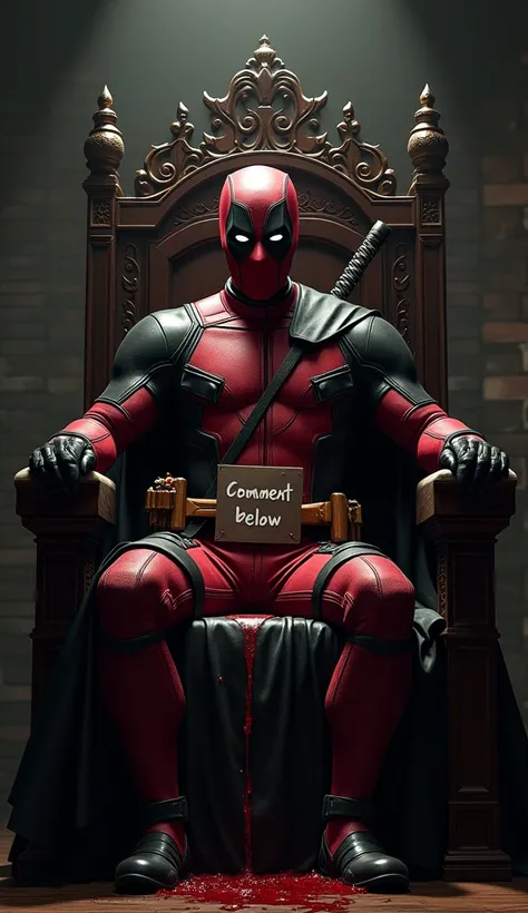  Deadpool is seated in an imposing posture ,  inspired by Don Corleones iconic pose in The Godfather .  He is in a carved wooden chair , in a dark and gloomy environment,  with brick walls and dim lighting that creates a mysterious air .  Deadpool wears hi...