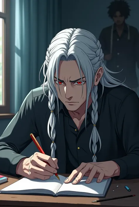 Create an image of a man with white long one braided hair, red eyes, writing a novel on a desk and in a novel, theres a SOUL.  Description: His eyes were sad but looking at the book while writing. The pen has a soul on it which is his friend o past away. T...