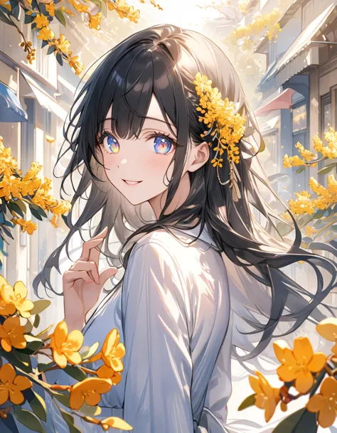 masterpiece,sunny street , surrounded by osmanthus flowers,a cheerful expression,rainbow eyes, long black hair