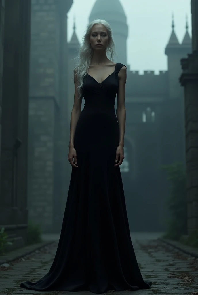 1woman, long black dress, white hair, elegant, dark castle setting