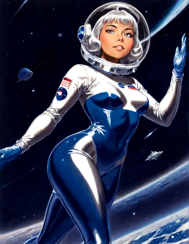 tanned woman with silver hair. she is wearing a skin-tight blue space suit with a retro clear dome astronaut helmet. . she is fl...