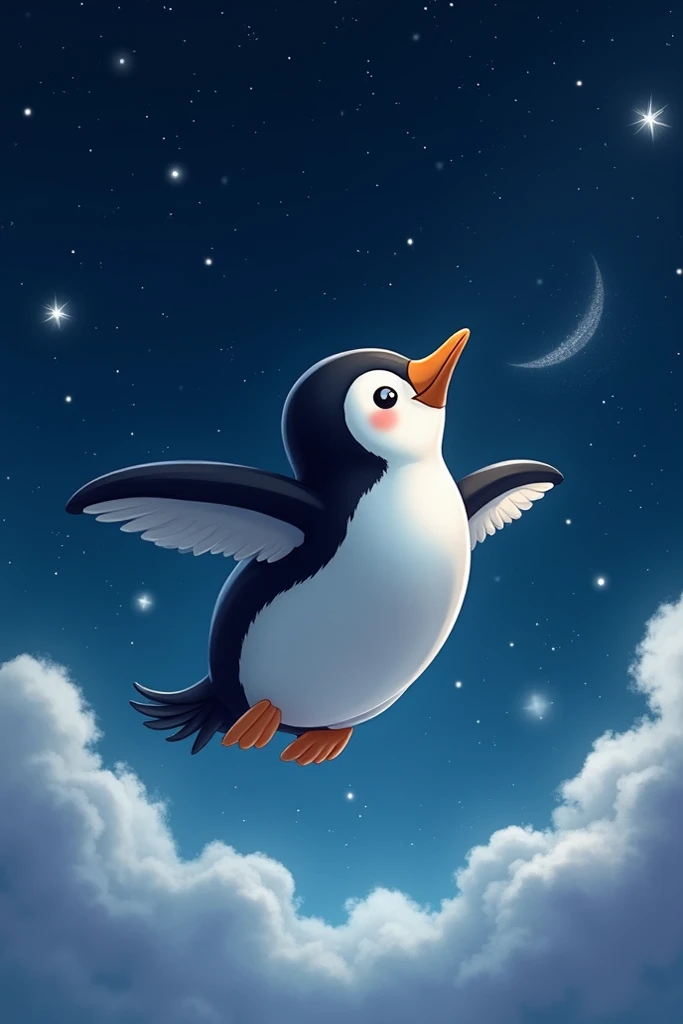 Supper Cute penguin flying in the sky with stars