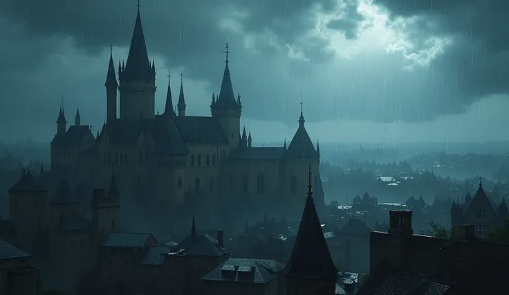 A medieval-inspired cityscape in the midst of a stormy downfall, with darkened spires and castle walls being battered by torrential rain and strong gusts of wind, reminiscent of the dramatic landscapes of John Martin, the moody atmospheric lighting of Zdzi...