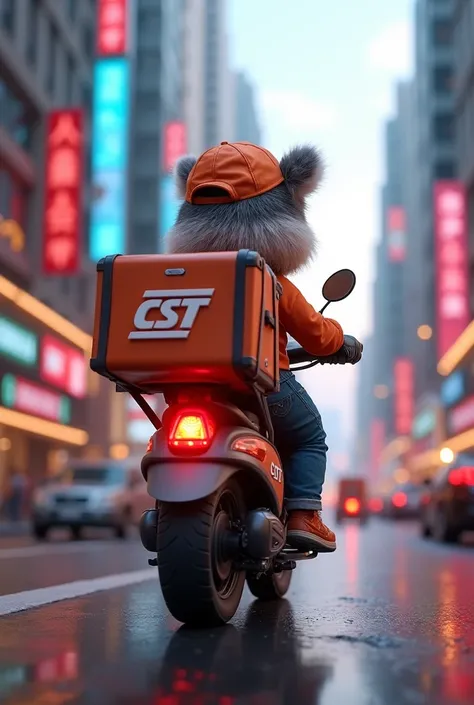  mascot of the tire brand CST  (Pumpy ),  on a delivery motorcycle and with a delivery backpack in a city touring the streets
