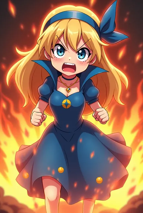 Angry Cute Blonde Anime Princess Maria Robtink with blue eyes wearing a blue headband and wearing a Blue Dress with a Massive Popped Collar taller than her head. Shes so mad shes on fire.