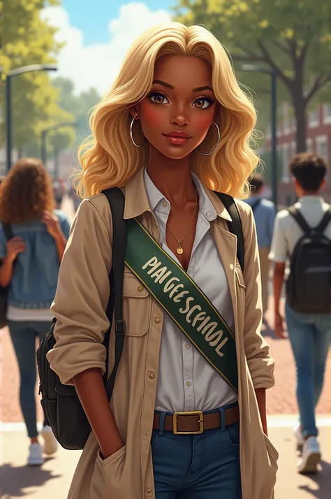 High school, blonde black girl, scientist, beautiful, debate, pageant model. 