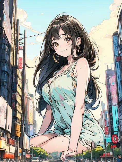 a beautiful and sexy anime girl in white top is sitting on a building with big brown eyes looking below at the city, giantess, giant, 1girl, breasts,, ground vehicle, solo, motor vehicle, jewelry, city, earrings, smile, lying)(((Pastel colors))) (((One gir...