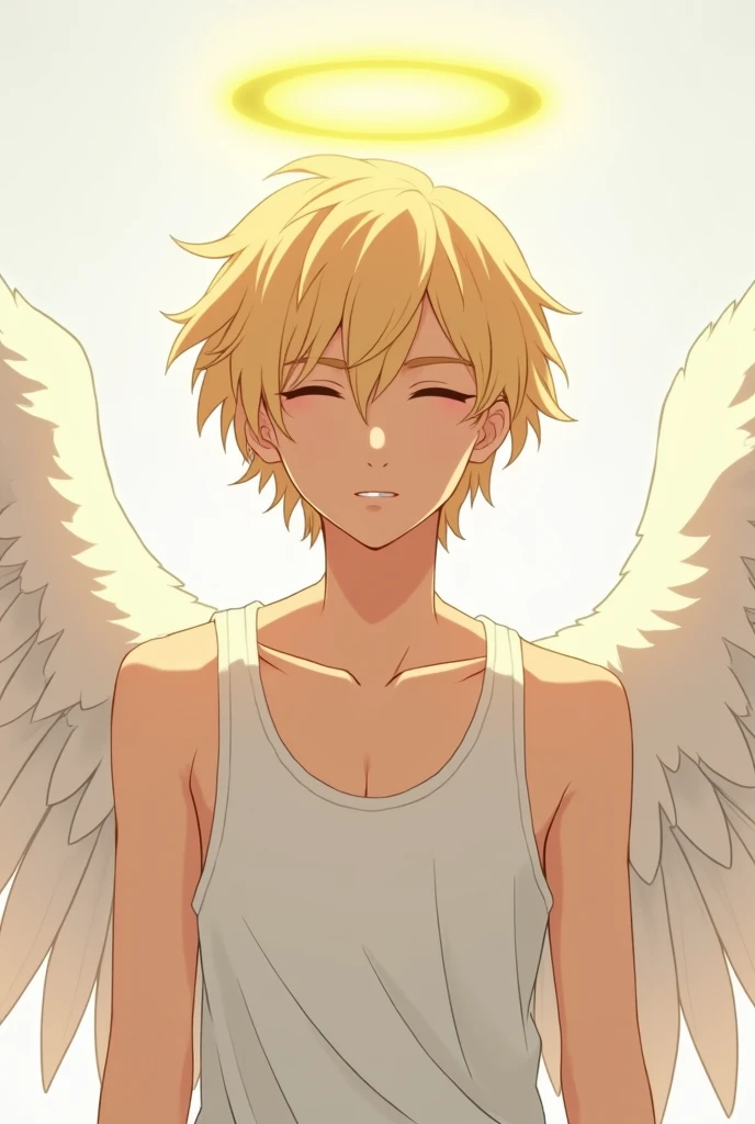 Generate me a blonde messy 18 years old angel, wearing a white vest, he has white angelic wings and a golden floating glowing halo on his head, his expression neutral, anime form*