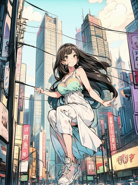 a beautiful and sexy anime girl in white top is sitting on a building with big brown eyes looking below at the city, giantess, giant, 1girl, breasts,, ground vehicle, solo, motor vehicle, jewelry, city, earrings, smile, lying)(((Pastel colors))) (((One gir...