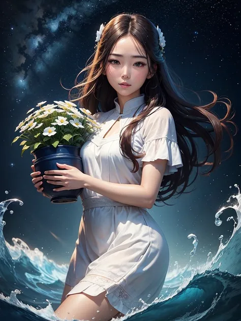 Beautiful woman in Aquarius、starry background、Carrying a pot full of water