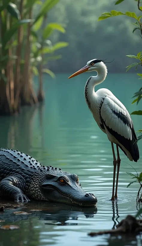 "By a tranquil swamp with bluish-green water, a black crocodile lies near a tall white-and-gray stork. The subtle ripples in the water and the surrounding wild reeds add realism to this serene scene."