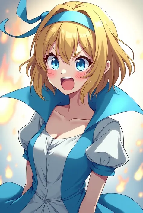 Angry Cute Blonde Anime Princess Maria Robtink with blue eyes wearing a blue headband and wearing a Blue Dress with a Massive Popped Collar taller than her head. Shes so mad shes on fire.