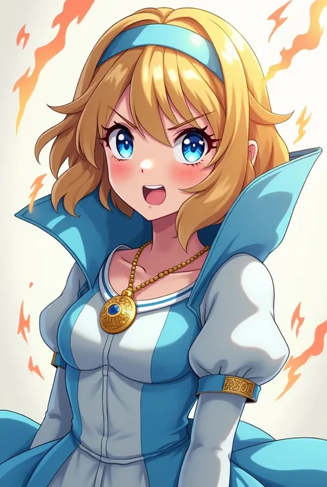 Angry Cute Blonde Anime Princess Maria Robtink with blue eyes wearing a blue headband and wearing a Blue Dress with a Massive Popped Collar taller than her head. Shes so mad shes on fire.