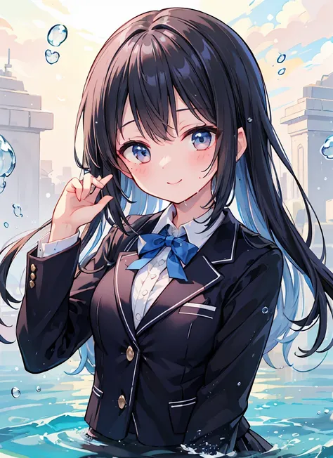 (8k、 best quality、masterpiece:1.2)、   super high image quality   、1 person、cute、 small breasts、 high definition face、 navy blue blazer,  white blouse 、shirt、大量のrain、rain、 Wet、Black underwear、ribbon、Gothic Long Skirt、Water droplets on body、Looks like a smil...