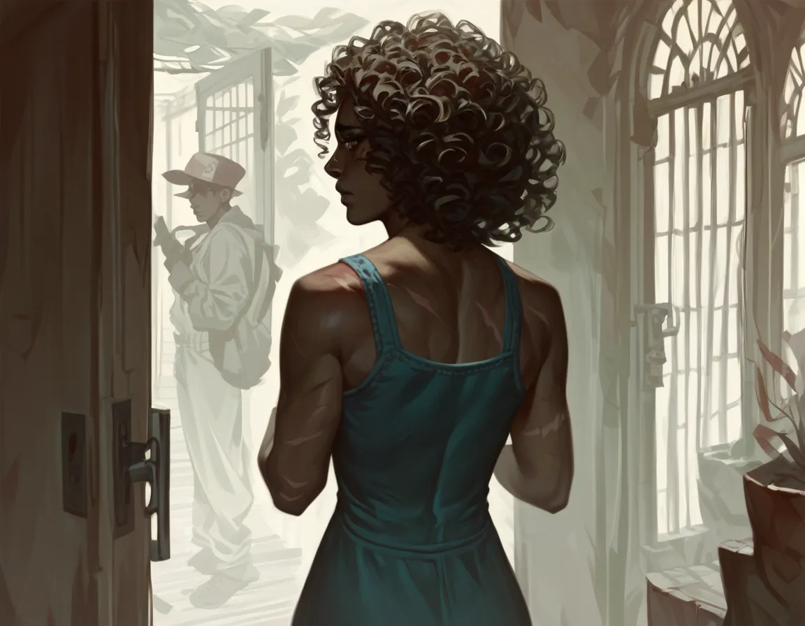 dark skinned woman. long curly hair. wearing a blue summer dress. from behind looking back. sad expression. scars on the back. s...