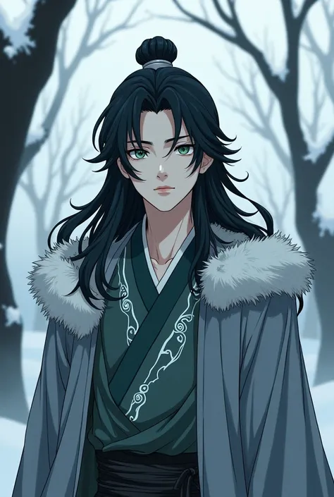 4K,  top quality， Japanese anime style，Close shot，A young man ， Black Chinese Hanfu (White embellishment)， long black hair ， green eyes，Cold Road ，gray robe cape with fuzzy trim，Melancholy， look indifferent，Standing in the snow， pale skinned ，Both sides ar...