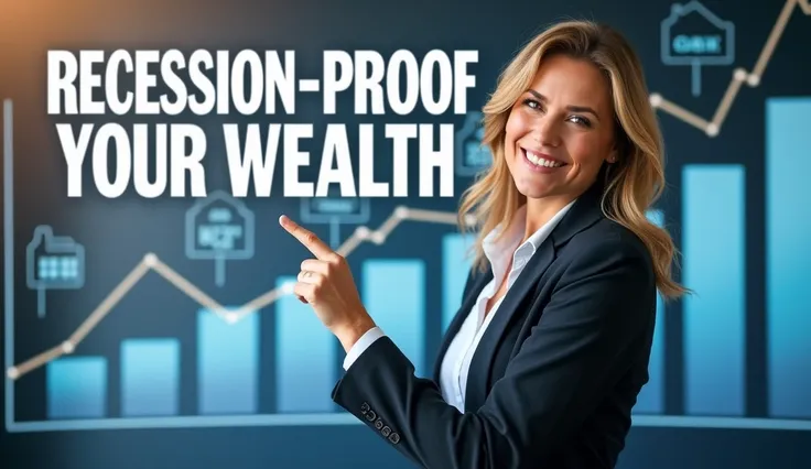 "A powerful and dynamic image featuring Loral Langemeier, a confident woman in business attire, standing in front of a large financial chart. The chart shows both upward and downward trends, representing the resilience needed to succeed during a recession....