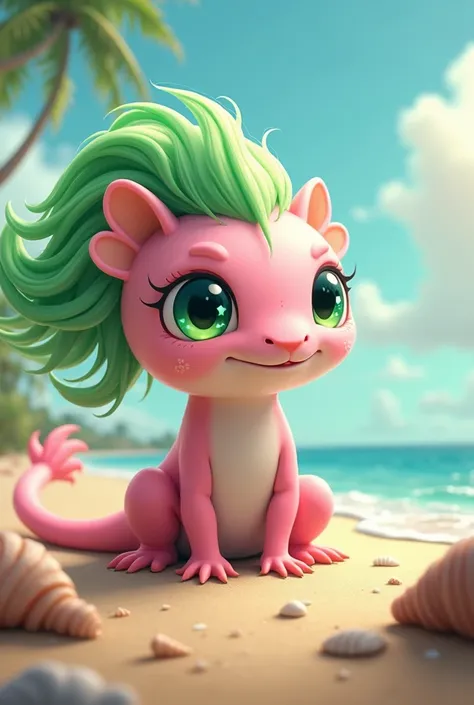  pink axolotl with green hair Harry Potter and Audifins lenses, On the beach animated 