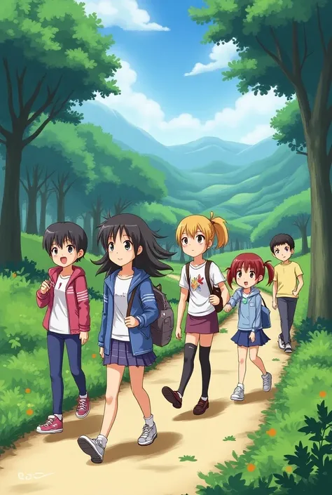  4 girls and 2 boys, on a walk , anime