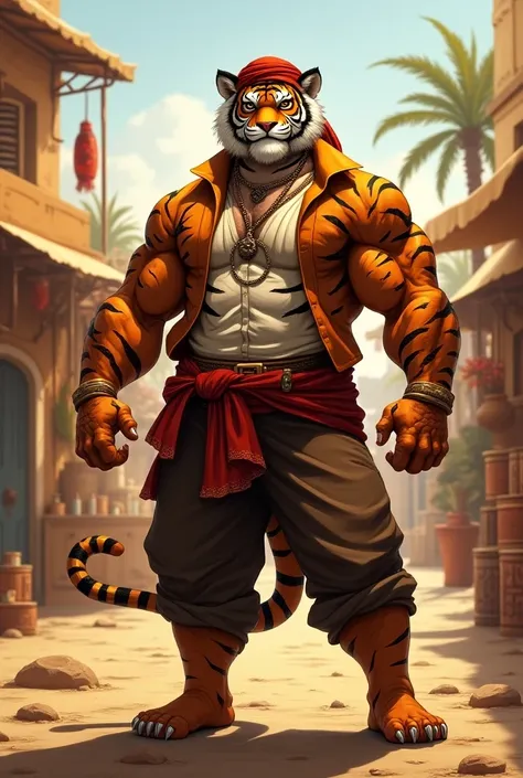  focus of the character ,  full body , looking away,  dynamic angle ,  marchante ,  a middle-aged tiger man , little smile,  marchante  costume clothes, shirt, turban, pants, selling, standing,  arms raised in the air ,  dynamic pose , BREAK  full body  in...