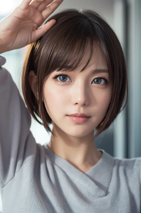  raise your arms、I can see the side、Short bob hair inner wrap、 sexy(8k, RAW photo, best quality, masterpiece:1.2), (realistic, photo-realistic:1.37),1 girl,cute, light smile,blue eyes, (Alone),detailed faceponytail, dramatic angle,
,office,looking at viewe...