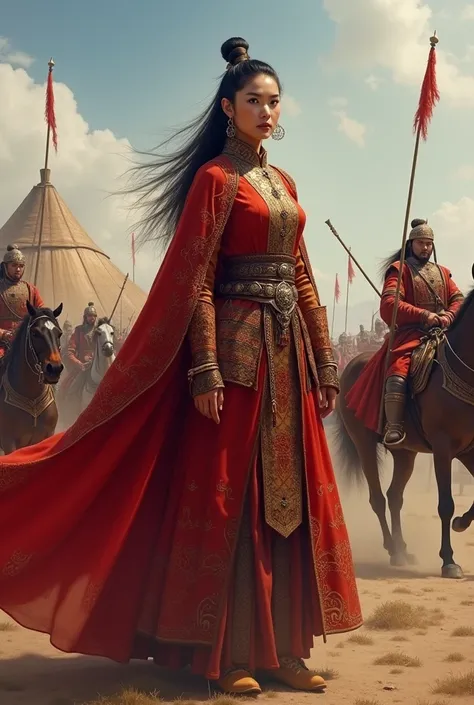 Kutlun , Genghis Khans granddaughter,  in traditional Mongolian costume,  standing on the battlefield among yurts ,  looks proudly at her rivals ,  is surrounded by horses and warriors .