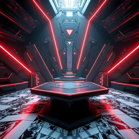 a beautiful room with triangular flags, a V-shaped table, black and white floors, dramatic lighting, intricate patterns, futuristic design, cinematic composition, colorful accents, high contrast, sleek and minimalist, (best quality,4k,8k,highres,masterpiec...