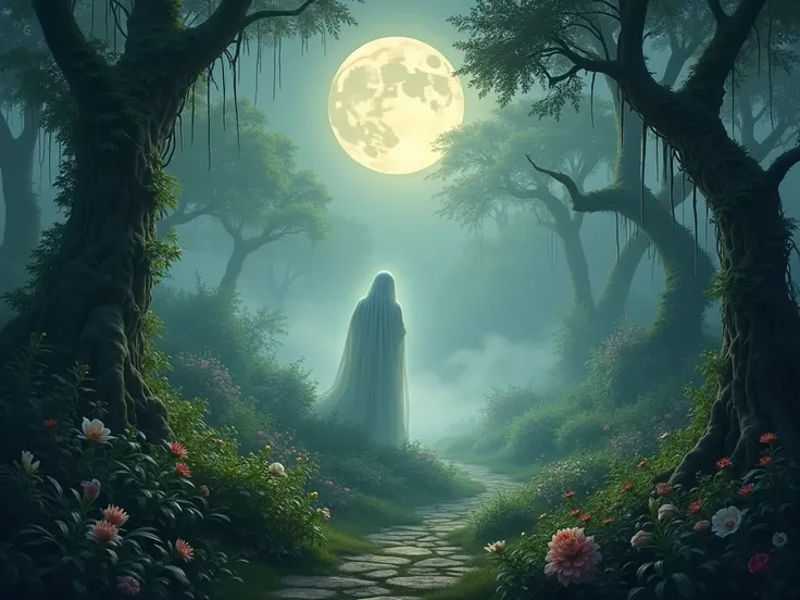 a night view of the Garden of Eden, with a subtle mist covering the vegetation and a full moon illuminating mystical scenes
