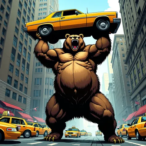 comic panel of a muscular bear throwing cars in New York City