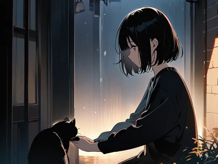 anime,best quality,A serene illustration of a young girl with a shaggy bob haircut and black hair, wearing a black sweater. She is crouching on a quiet November evening, her profile turned slightly as she gently reaches out to touch a black stray cat. The ...