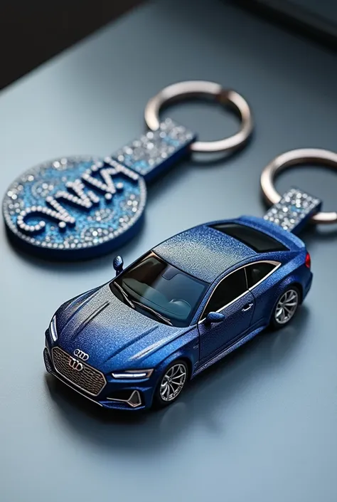 An exquisite photograph showcasing two intricately designed keychains. The first keychain features a miniature navy blue Audi car adorned with shimmering crystal encrustations, capturing the essence of luxury and precision engineering. The second keychain ...