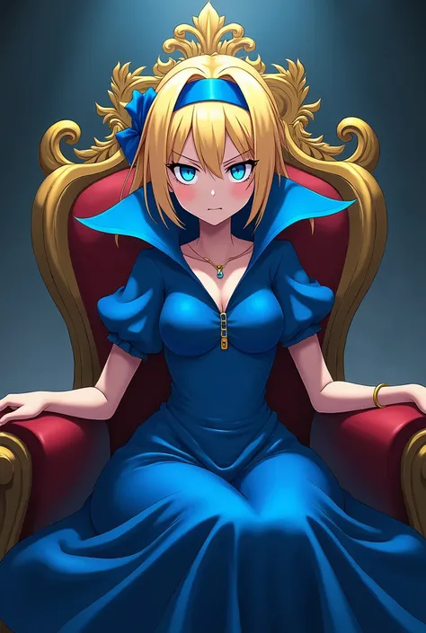 Angry Evil Cute Blonde Anime Princess Maria Robtink with blue eyes wearing a blue headband and wearing a Blue Dress with a Massive Popped Collar taller than her head. Shes sitting on her Throne.