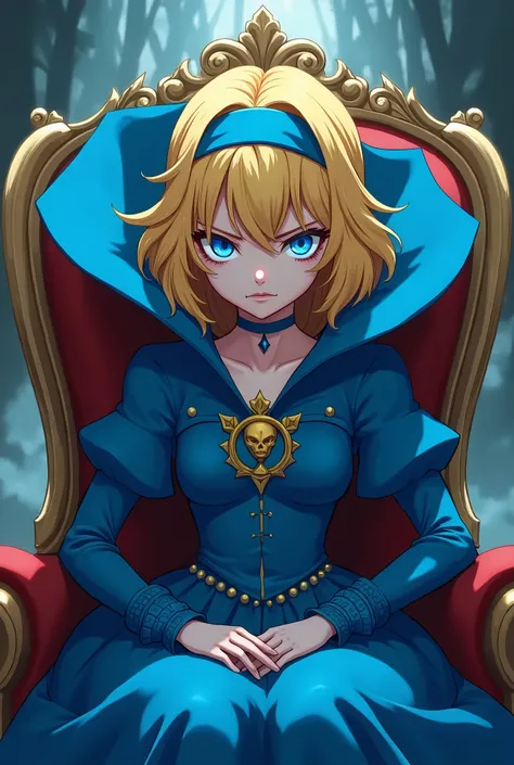 Angry Evil Cute Blonde Anime Princess Maria Robtink with blue eyes wearing a blue headband and wearing a Blue Dress with a Massive Popped Collar taller than her head. Shes sitting on her Throne.