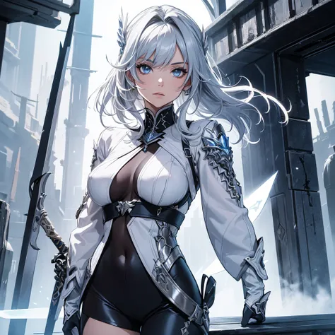 Make a woman alone with a sword.  She has to be in a futuristic setting and have white clothes with silver details.