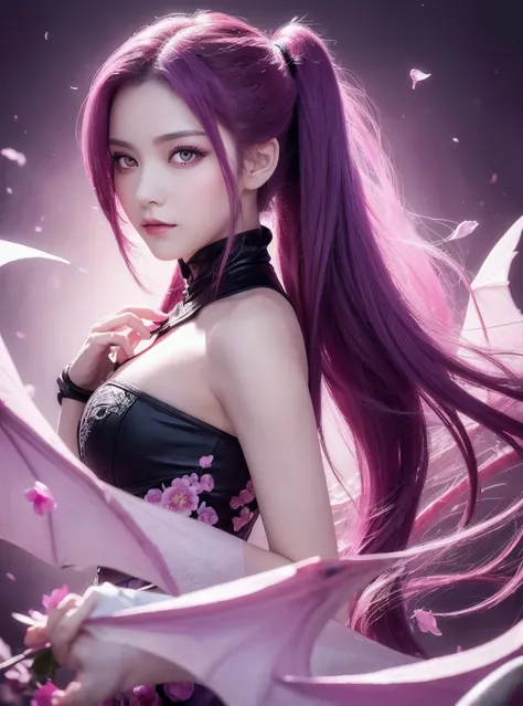 ((Masterpiece, Best Quality)), (Negative Space: 1.2), (1 Girl, Solo: 1.4), Petals, Pink Eyes, Dragon Girl, Long, Purple Hair, High Ponytail, Liquid Hair, Flowers, Dragon Background