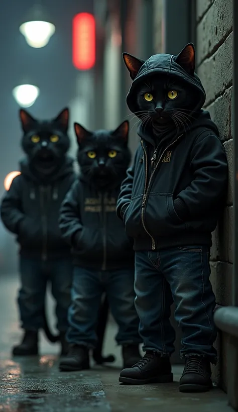 Scene: Three black cats in local gangster outfits (hoodies, bandanas, loose jeans) standing in the shadowy corner of the street, looking mischievous.