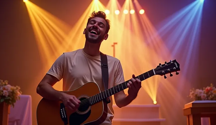 Realistic image of a happy man wearing light t-shirt playing guitar at church with modern lighting he is on stage 