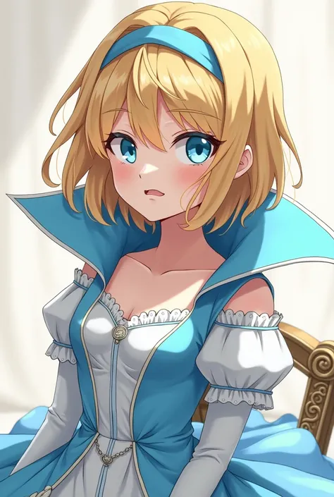 Angry Cute Blonde Anime Princess Maria Robtink with blue eyes wearing a blue headband and wearing a Blue Dress with a Massive Popped Collar taller than her head. Shes sitting on her Throne.