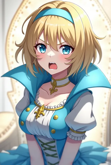 Angry Cute Blonde Anime Princess Maria Robtink with blue eyes wearing a blue headband and wearing a Blue Dress with a Massive Popped Collar taller than her head. Shes sitting on her Throne.