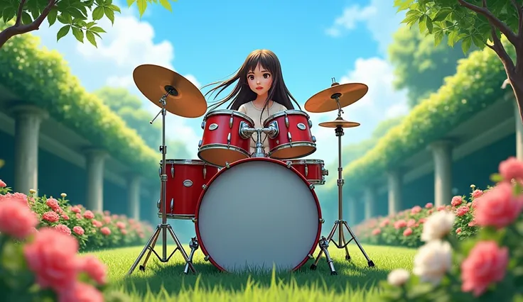 Realistic girl playing drums in garden