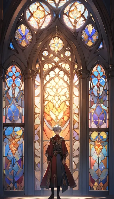 20 years old ( genshin impact ), 1 male, ( alone:1.4), Gray hair,  stand in front of stained glass window, Dramatic sunset lights 