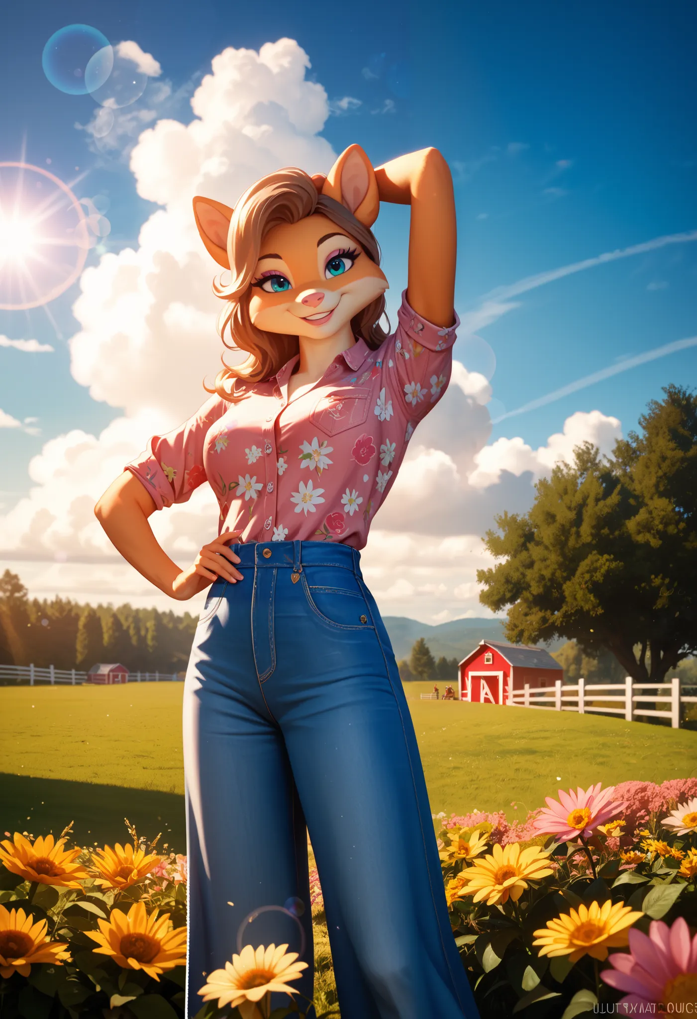 top quality, highres, High-quality illustrations, unparalleled masterpiece(movie of life)nature inspired imagery, rendered in maya, romanticized views, lively illustrations, hyper realistic, whimsical cartoonish, farm, Blue sky, clouds, florals Beautiful g...