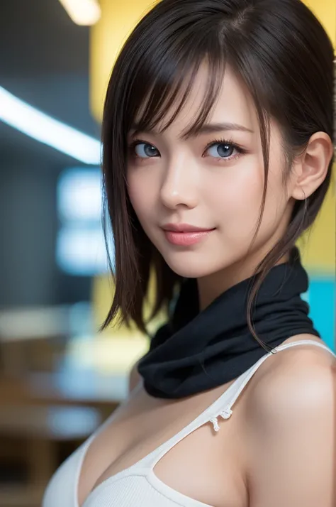 舌を出す、イタズラっぽく、Short bob hair inner wrap、 sexy(8k, RAW photo, best quality, masterpiece:1.2), (realistic, photo-realistic:1.37),1 girl,cute, light smile,blue eyes, (Alone),detailed faceponytail, dramatic angle,
,office,looking at viewer,throw,Cyberpunk
 Yuru...