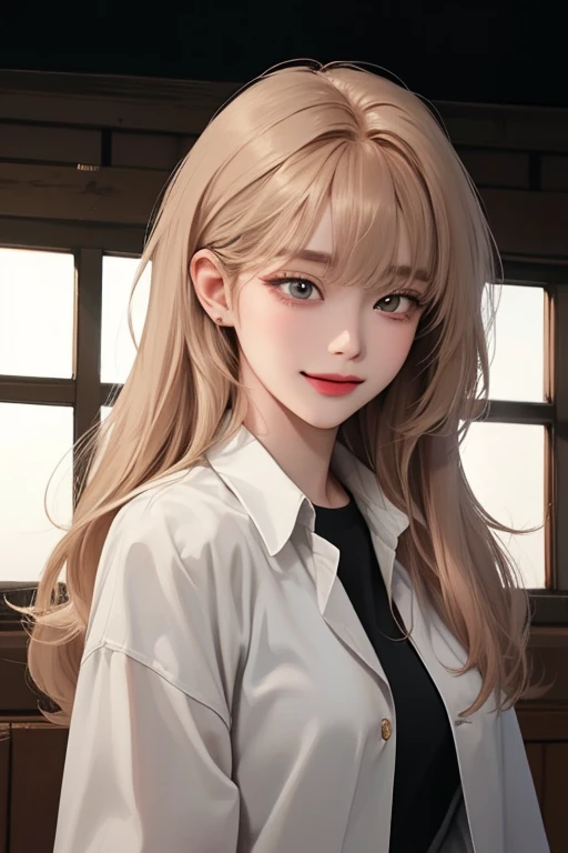 From side,(best quality, (smile with open mouth), ((masterpiece)), 8K resolution, Semi-realistic, cinematic lighting, beautiful detailed eyes), cute,1 woman,korean,((Blunt bangs)), ,long curly hair, (Khaki hair),25-year-old ,A woman wearing a modern black ...