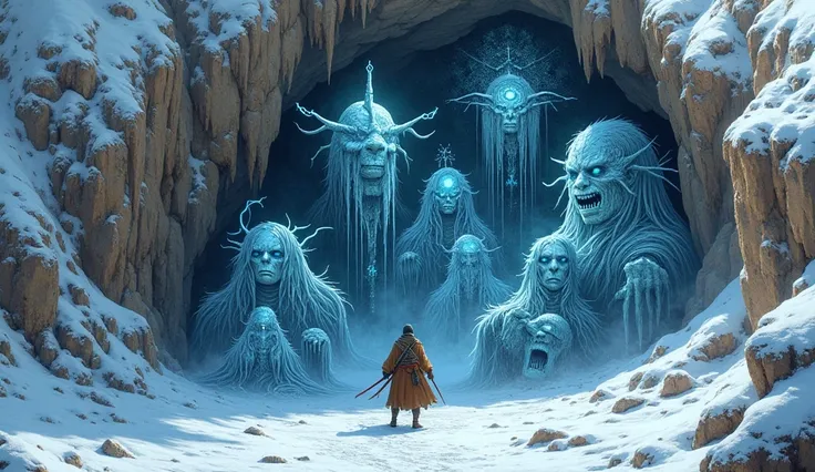 A mural-like image showing Mansi tribal legends about the area: sacred mountain spirits, shadowy creatures, and glowing symbols. The artwork is carved into a rock face, with snow and frost partially covering the designs. Comic book style 