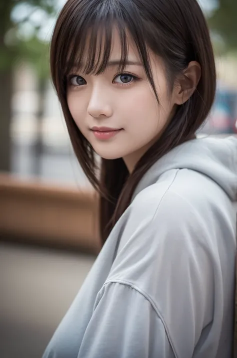  the background is blurry in the park、 raise your arms、I can see the side、Short bob hair inner wrap、 sexy(8k, RAW photo, best quality, masterpiece:1.2), (realistic, photo-realistic:1.37),1 girl,cute, light smile,blue eyes, (alone),detailed faceponytail, dr...