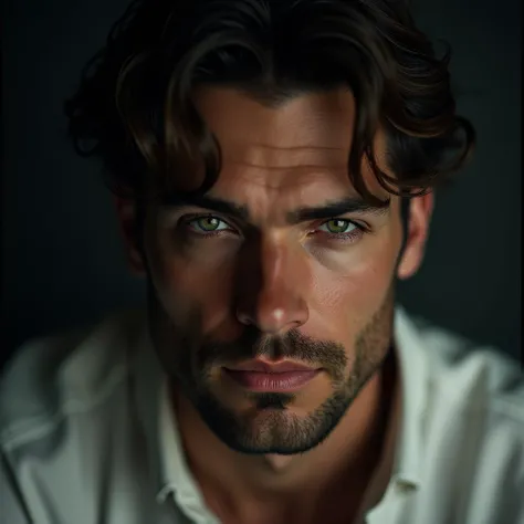 Handsome man with brown hair and green eyes, no beard, prominent jaw, wearing a white shirt, his features close to the screen